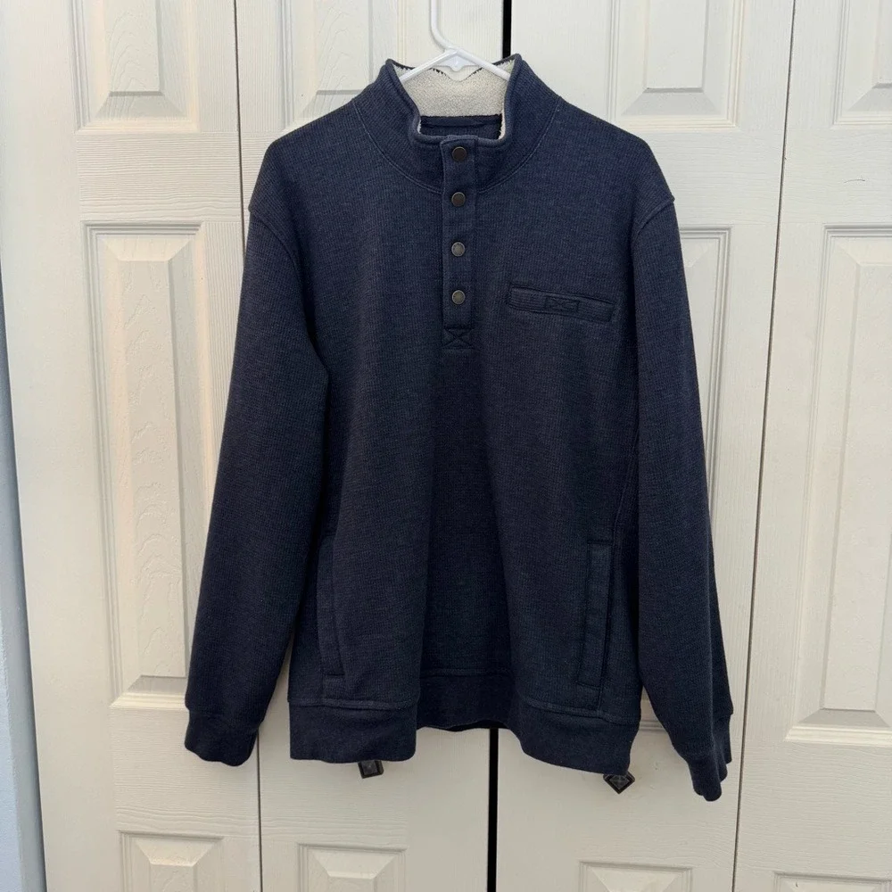 L.L. Bean Katahdin Iron Works Bonded Waffle Fleece, Snap Mock, Blue,‎ Size L
